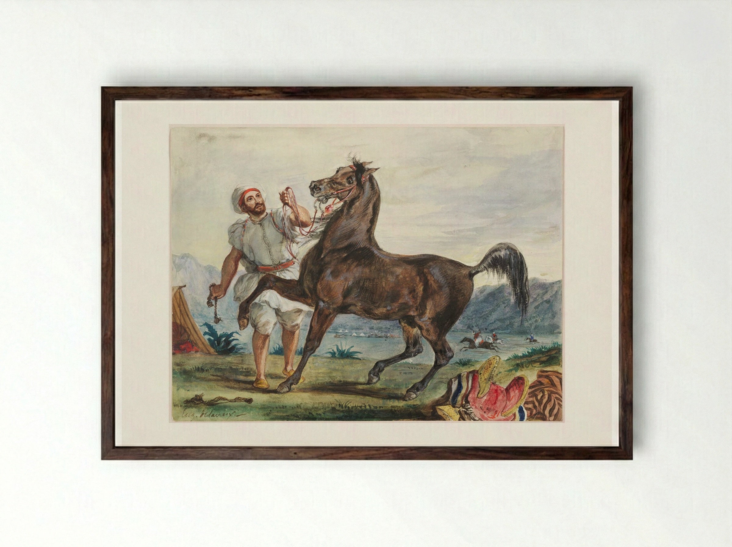 An Arab and His Steed - Ferdinand-Victor-Eugène Delacroix - Framed Print Dark Wood