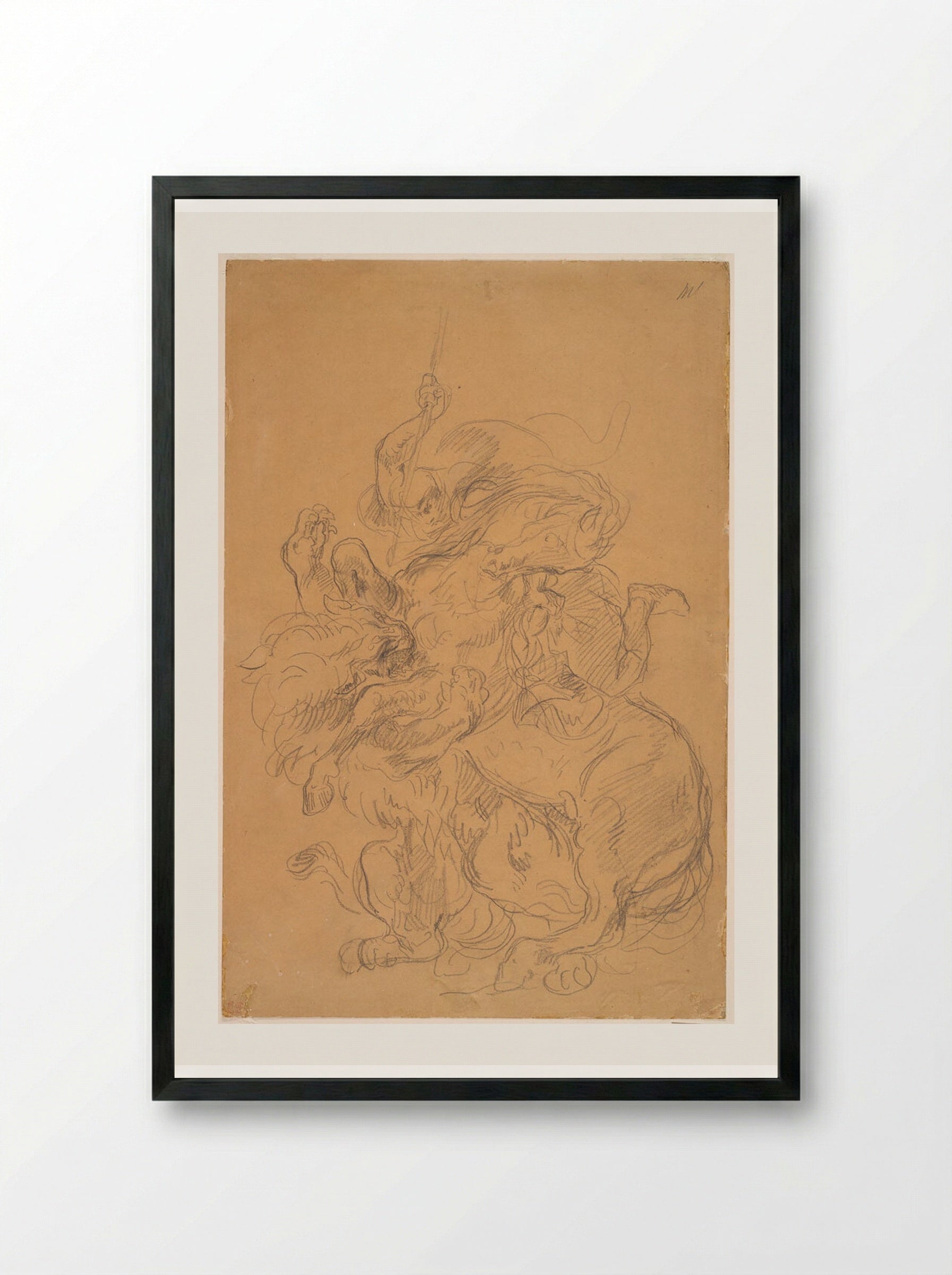 An Arab on Horseback Attacked by a Lion - Ferdinand-Victor-Eugène Delacroix - Framed Print Black
