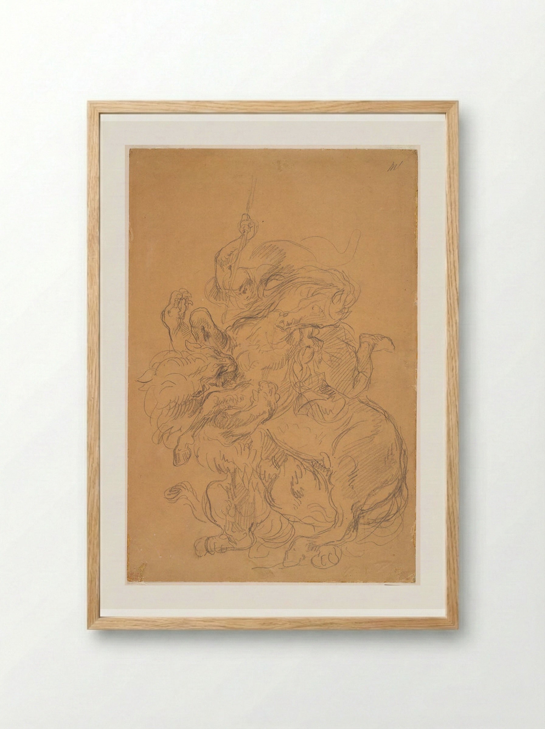 An Arab on Horseback Attacked by a Lion - Ferdinand-Victor-Eugène Delacroix - Framed Print Wood