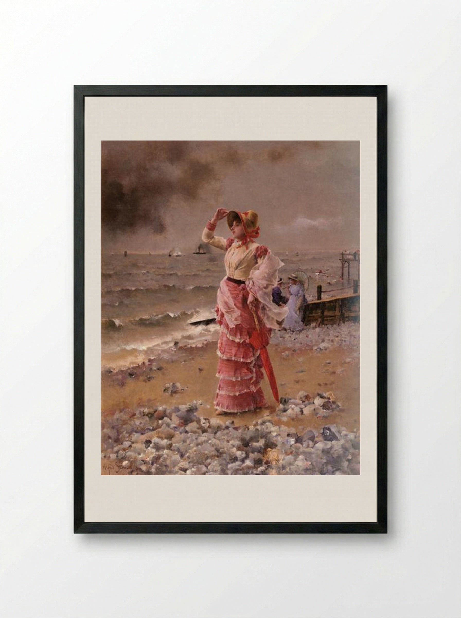 An Elegant Woman on the Beach - Alfred Stevens - Framed Print Black