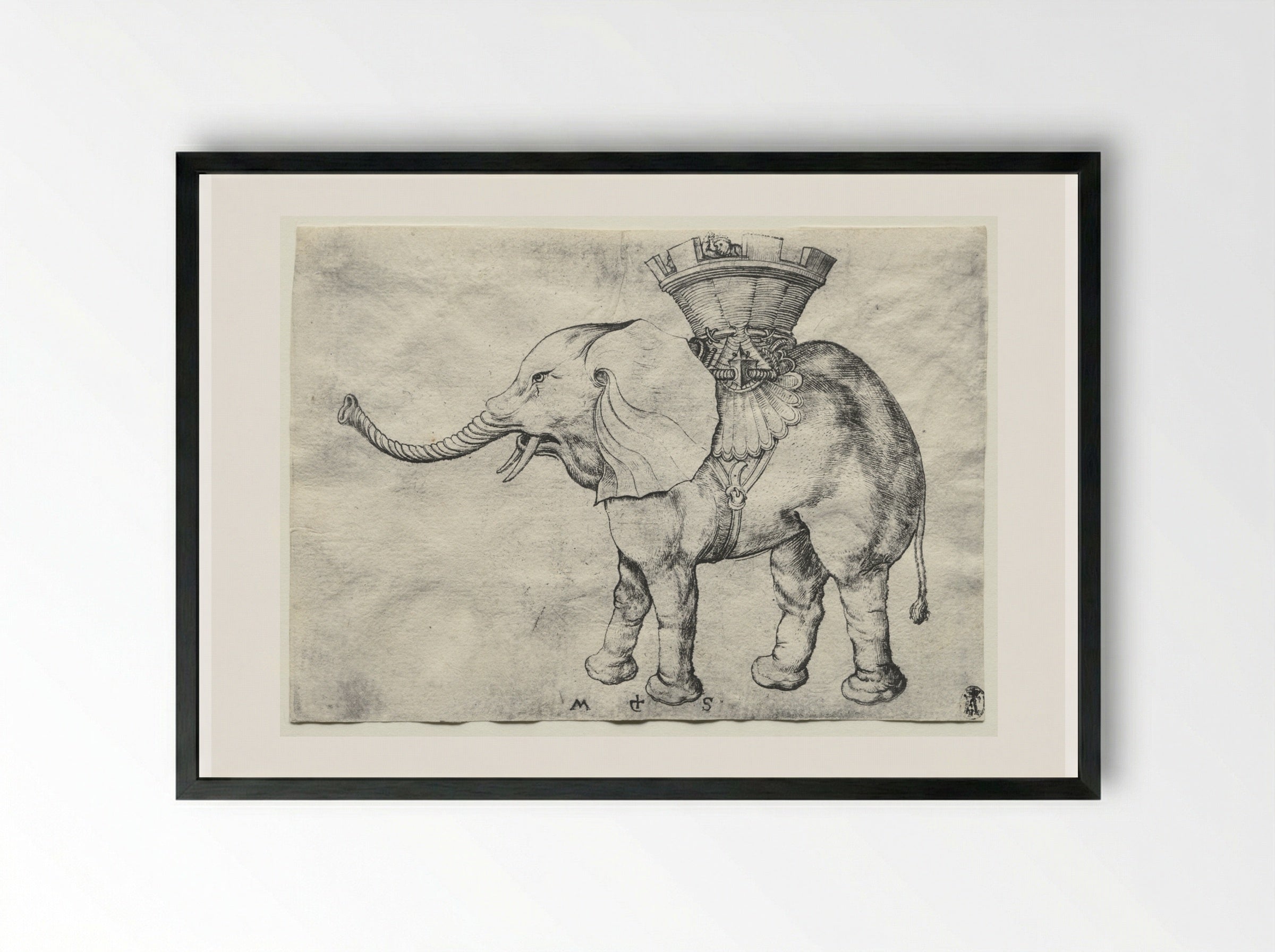 An Elephant with Howdah - Martin Schongauer - Framed Print Black