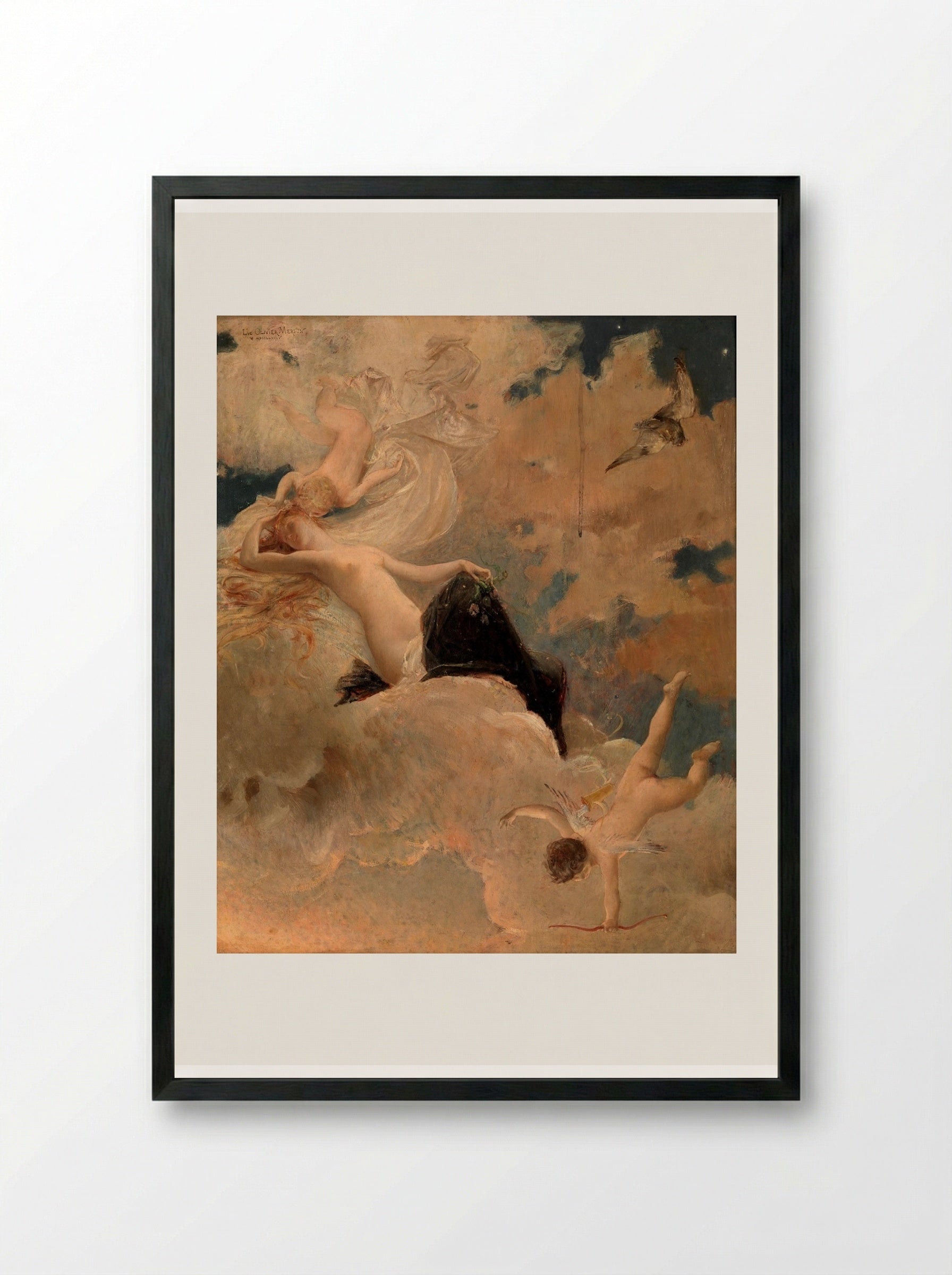 An Ethereal Beauty with Putti in the Clouds - Luc-Olivier Merson - Framed Print Black
