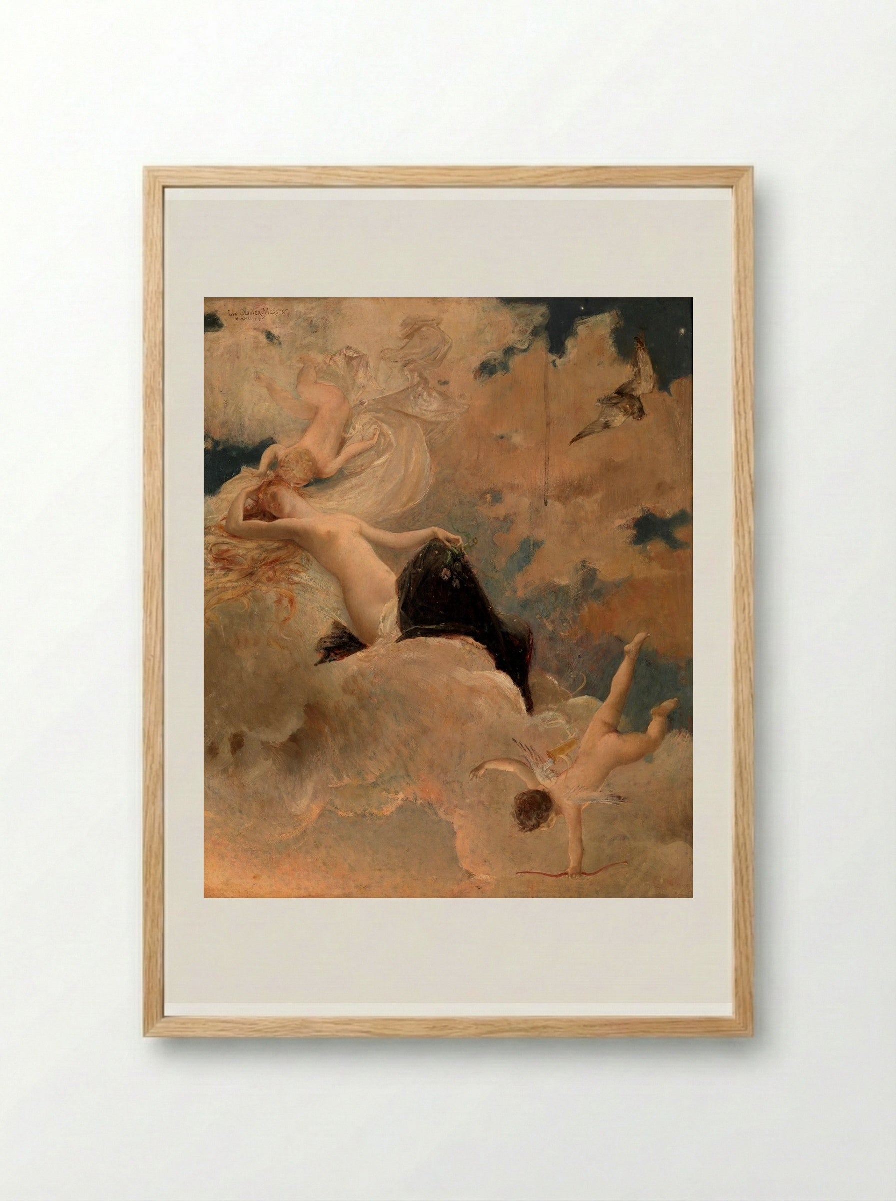 An Ethereal Beauty with Putti in the Clouds - Luc-Olivier Merson - Framed Print Wood