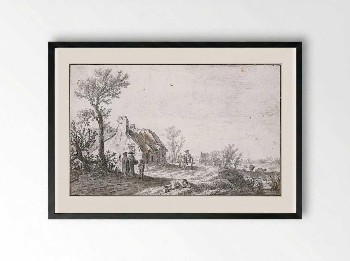 An Inn by a Country Road - Jan van Goyen - Framed Print Black