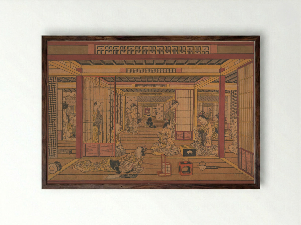 An Interior View in the Yoshiwara - Torii Kiyotada - Framed Print Dark Wood