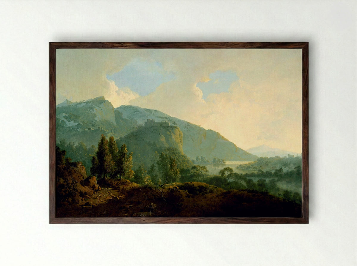 An Italian Landscape with Mountains and a River - Joseph Wright - Framed Print Dark Wood