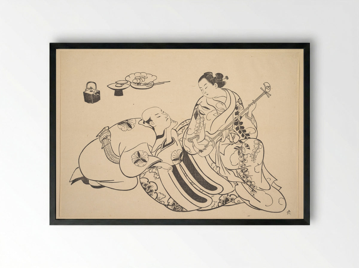 An Oiran Playing the Shamisen to a Young Man Kneeling by Her Side in Rapt Attention - Okumura Masanobu - Framed Print Black