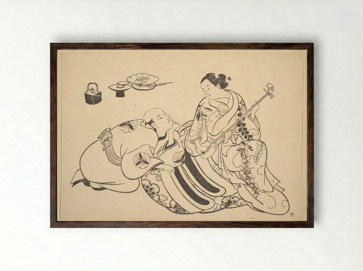An Oiran Playing the Shamisen to a Young Man Kneeling by Her Side in Rapt Attention - Okumura Masanobu - Framed Print Dark Wood