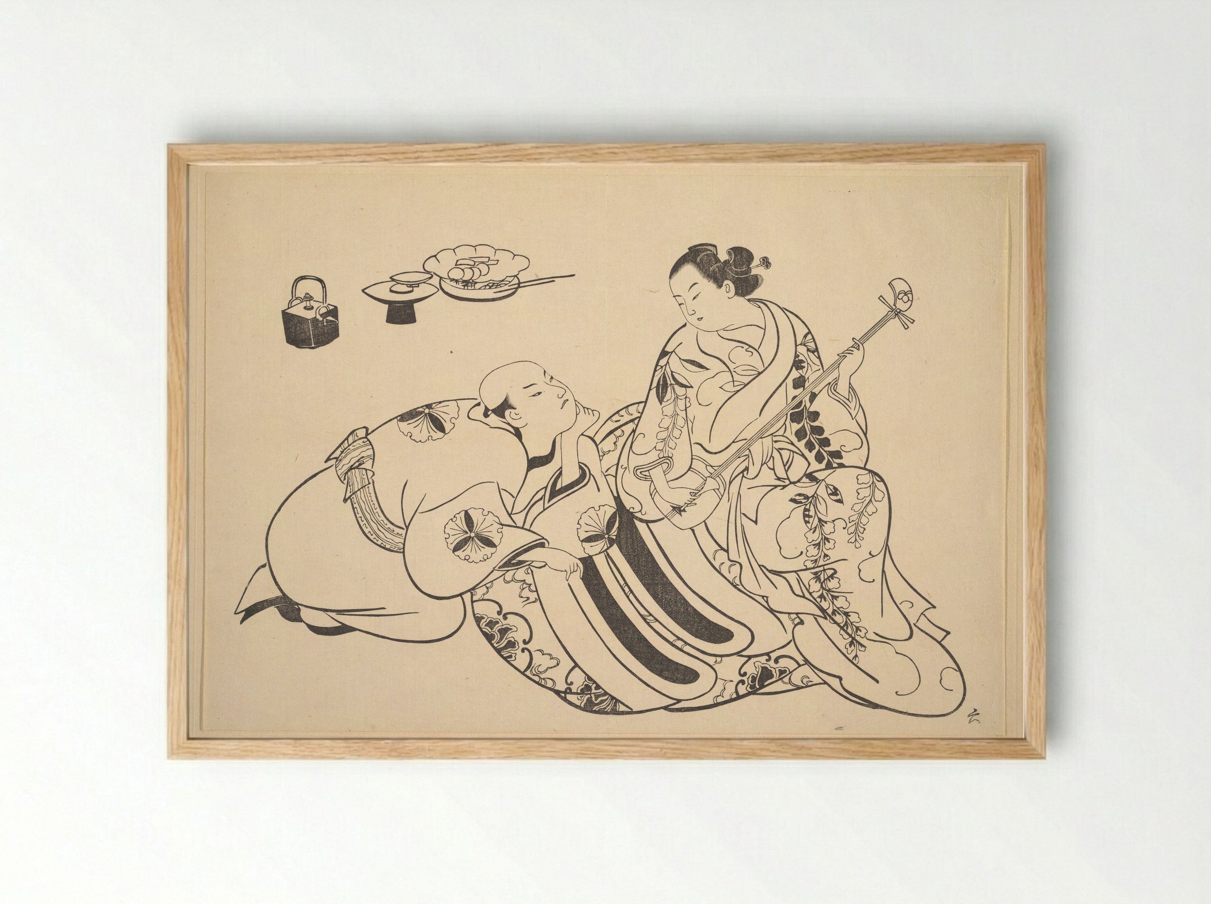 An Oiran Playing the Shamisen to a Young Man Kneeling by Her Side in Rapt Attention - Okumura Masanobu - Framed Print Wood