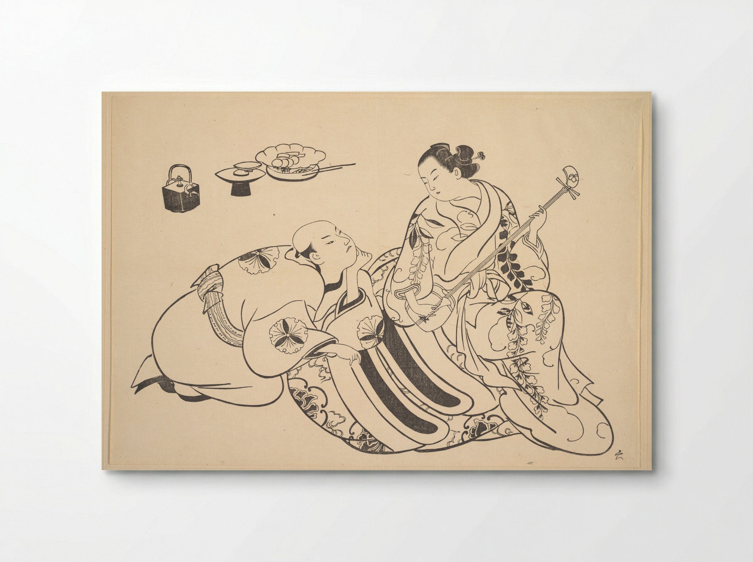 An Oiran Playing the Shamisen to a Young Man Kneeling by Her Side in Rapt Attention - Okumura Masanobu - Poster