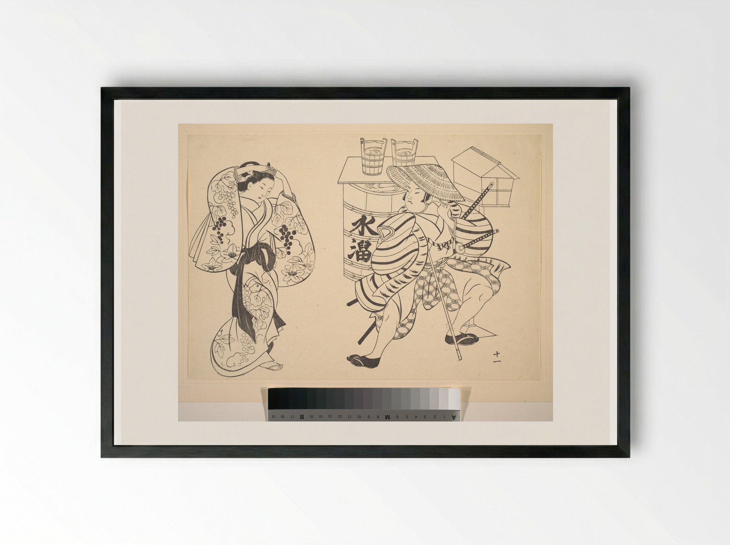 An Oiran Rearranging Her Hair in the Street while a Young Samurai Looks on - Okumura Masanobu - Framed Print Black