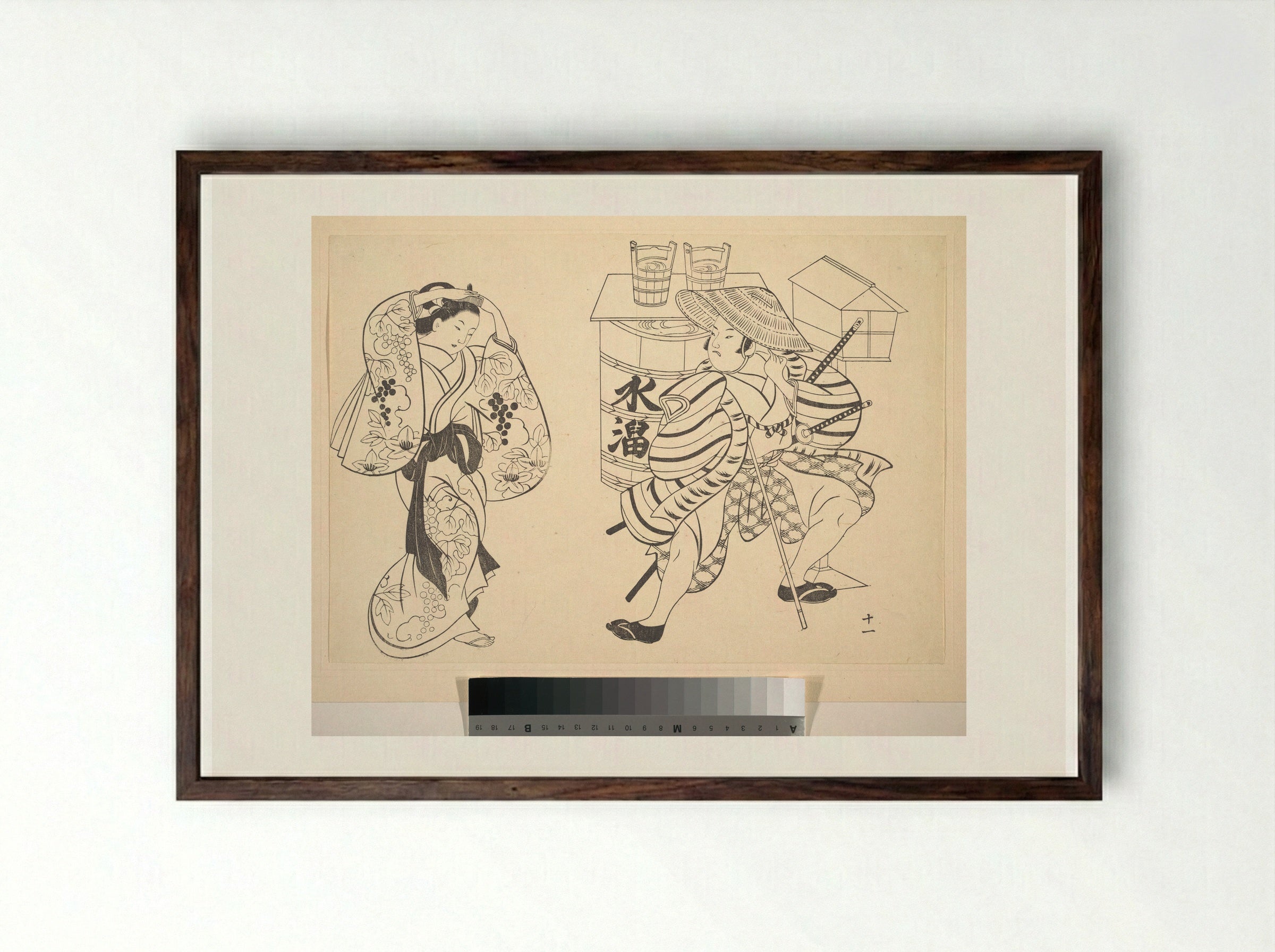 An Oiran Rearranging Her Hair in the Street while a Young Samurai Looks on - Okumura Masanobu - Framed Print Dark Wood
