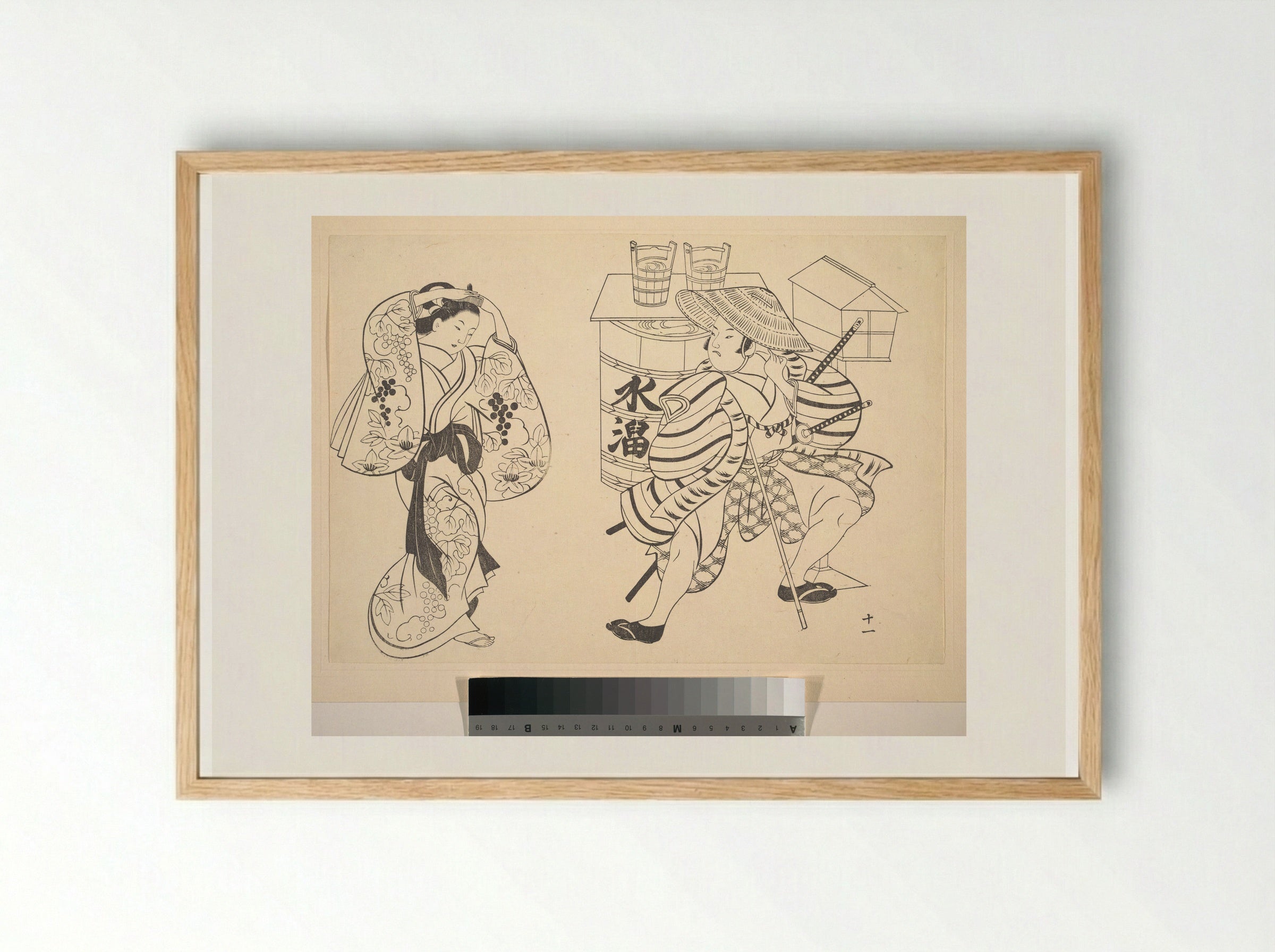 An Oiran Rearranging Her Hair in the Street while a Young Samurai Looks on - Okumura Masanobu - Framed Print Wood