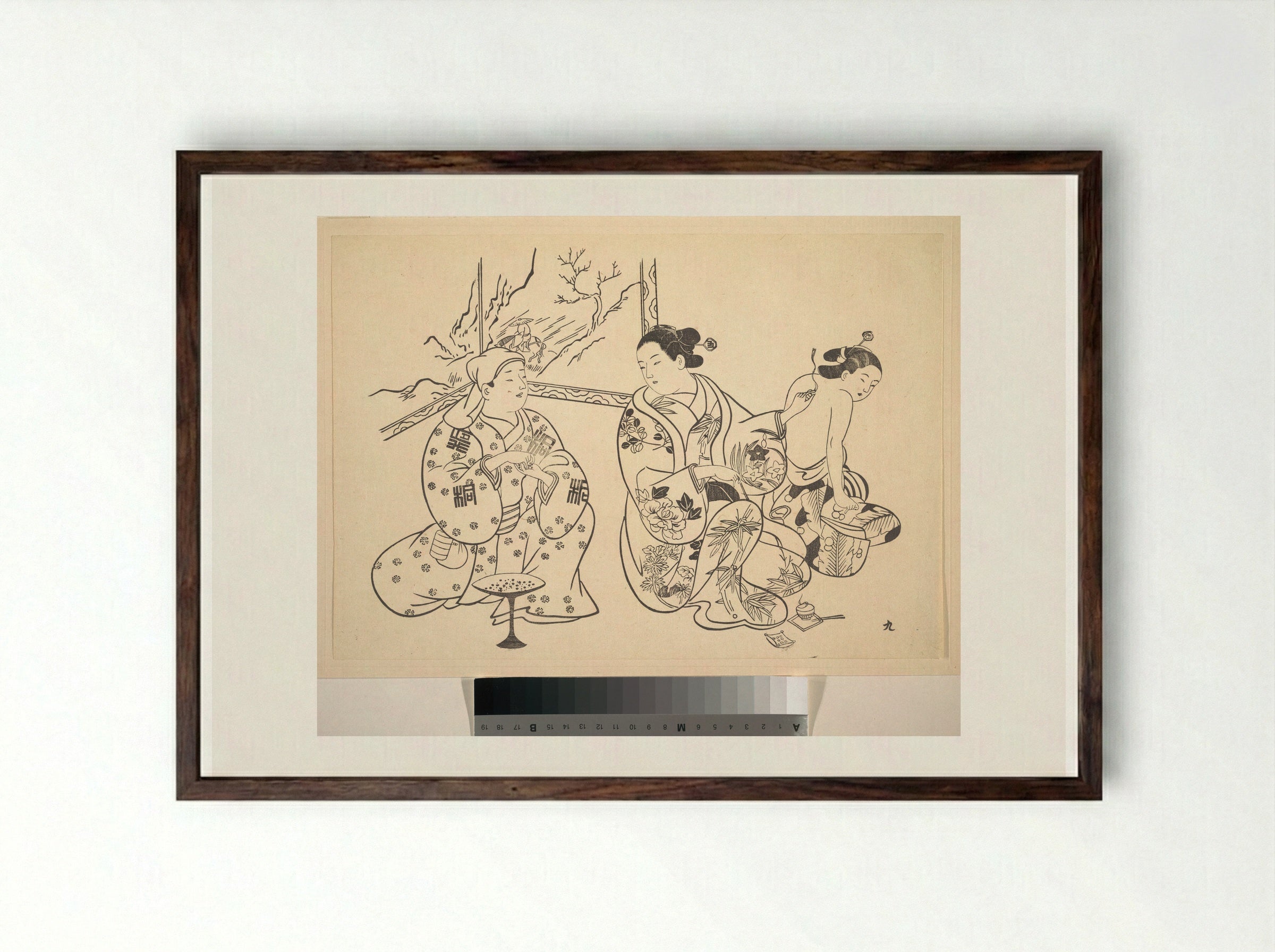 An Oiran Seated in a Parlor Applies the Fire Treatment to the Bared Back of Another Woman - Okumura Masanobu - Framed Print Dark Wood