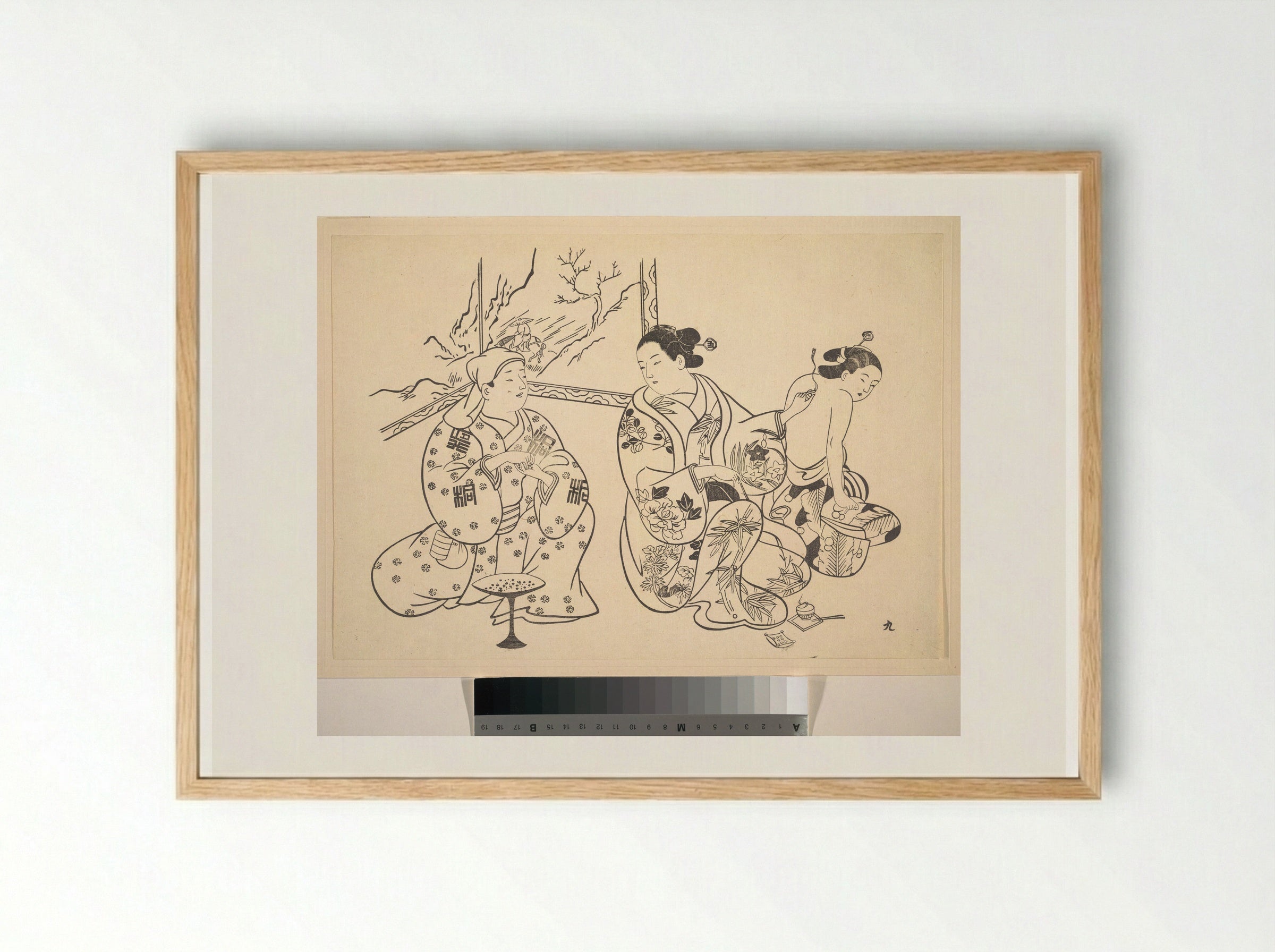 An Oiran Seated in a Parlor Applies the Fire Treatment to the Bared Back of Another Woman - Okumura Masanobu - Framed Print Wood