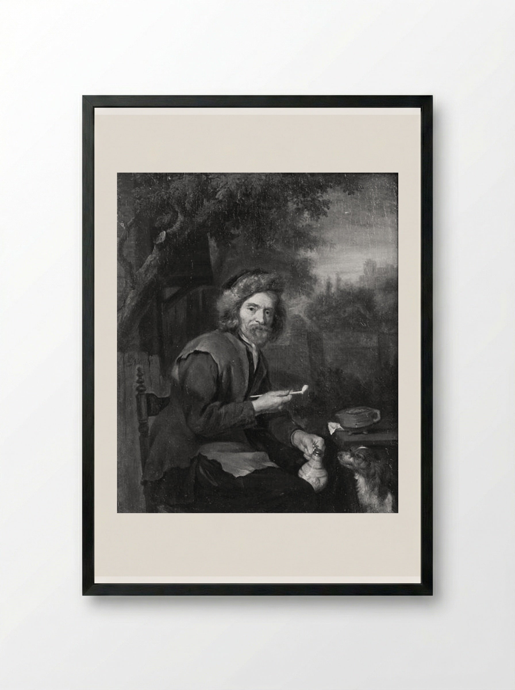 An Old Man Holding a Pipe and a Jug - Gabriel Metsu - Framed Print Black