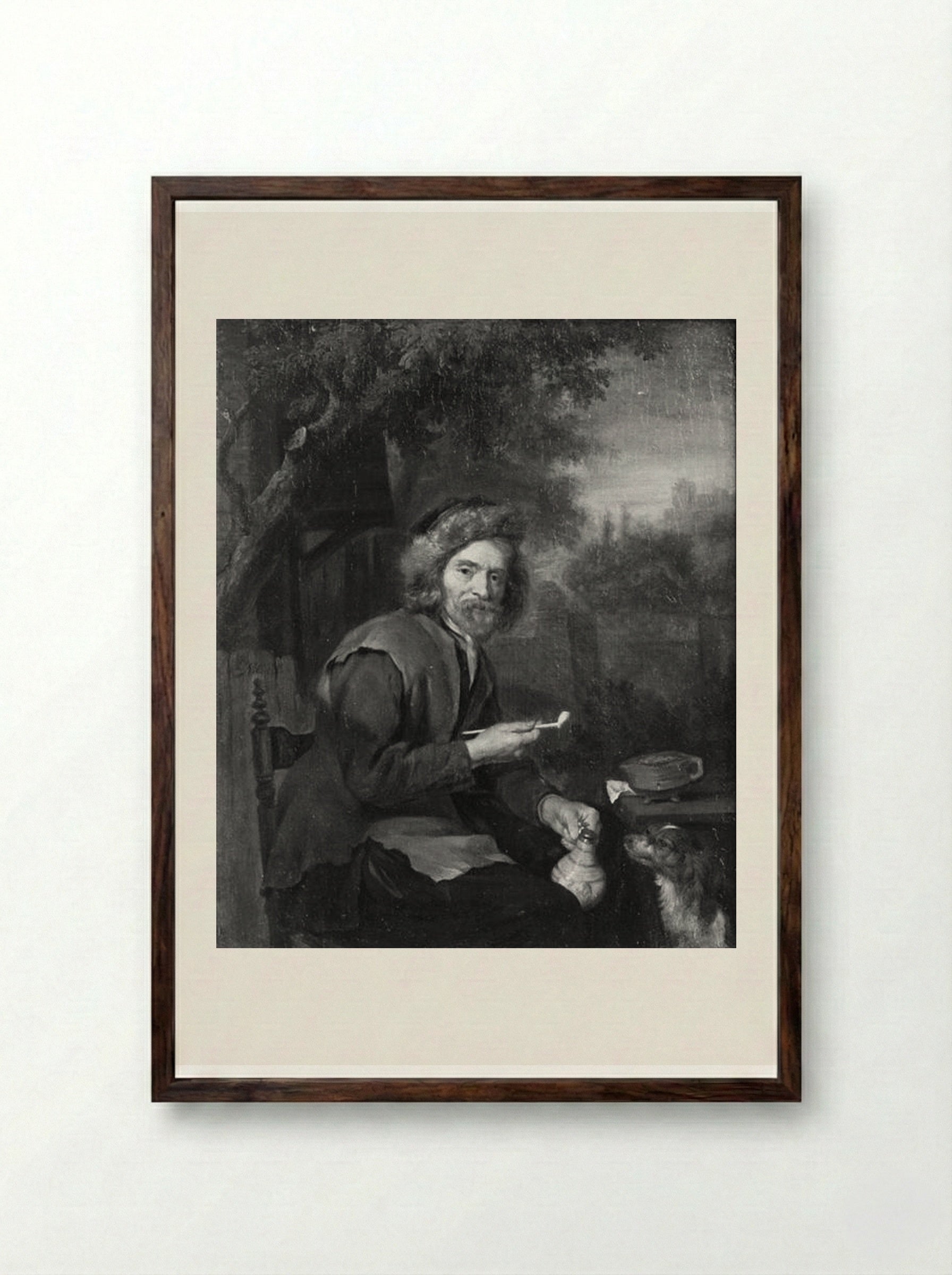An Old Man Holding a Pipe and a Jug - Gabriel Metsu - Framed Print Dark Wood