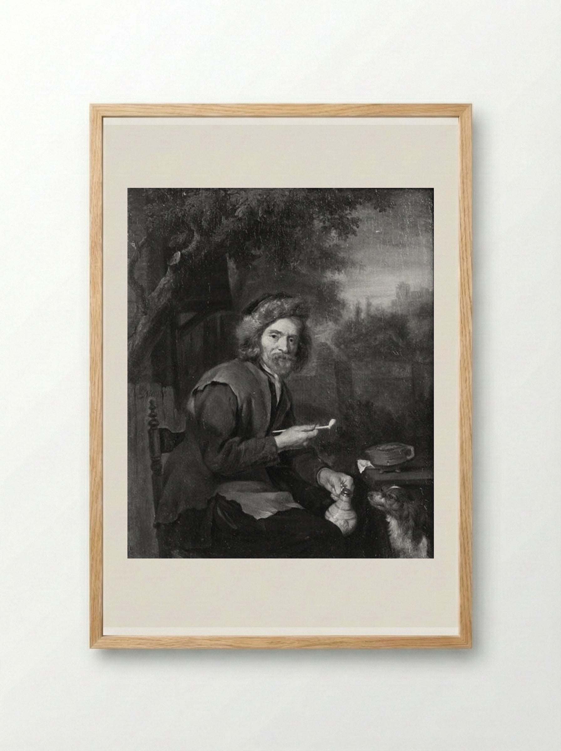 An Old Man Holding a Pipe and a Jug - Gabriel Metsu - Framed Print Wood