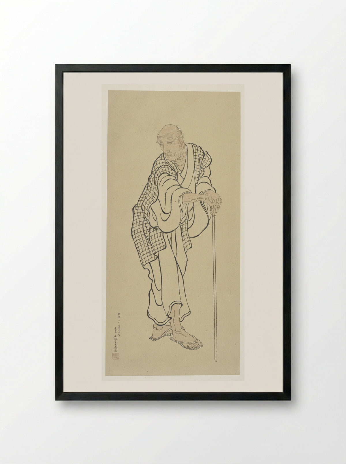An Old Man Leaning on a Staff - Katsushika Hokusai - Framed Print Black