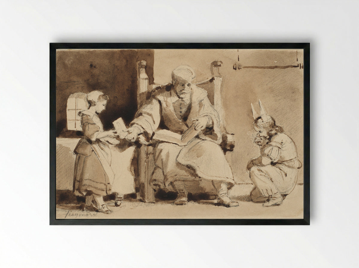An Old Man with Two Children - Alexandre-Evariste Fragonard - Framed Print Black