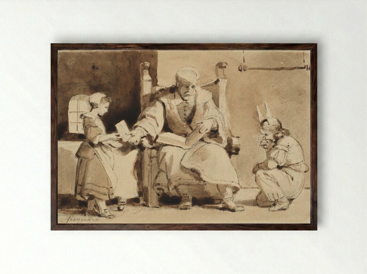 An Old Man with Two Children - Alexandre-Evariste Fragonard - Framed Print Dark Wood