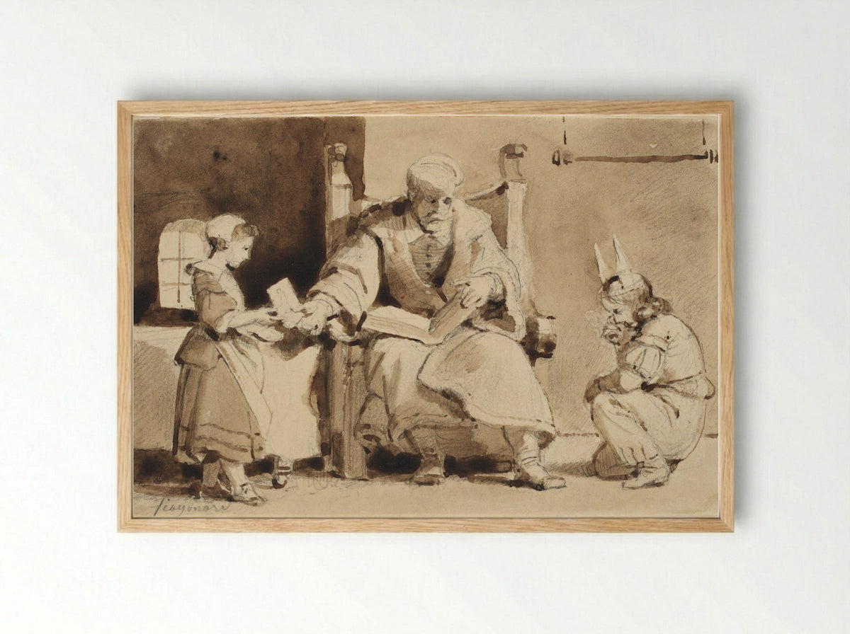 An Old Man with Two Children - Alexandre-Evariste Fragonard - Framed Print Wood