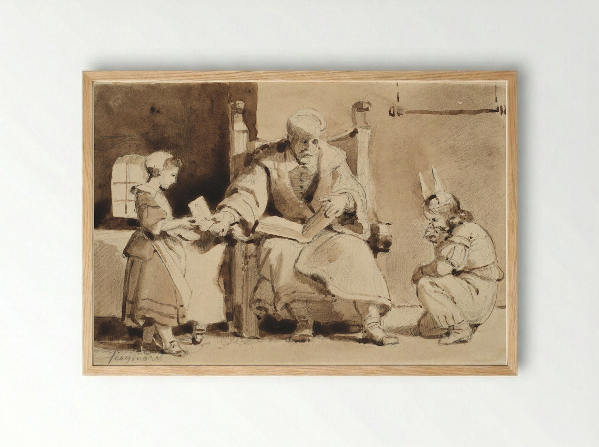 An Old Man with Two Children - Alexandre-Evariste Fragonard - Framed Print Wood