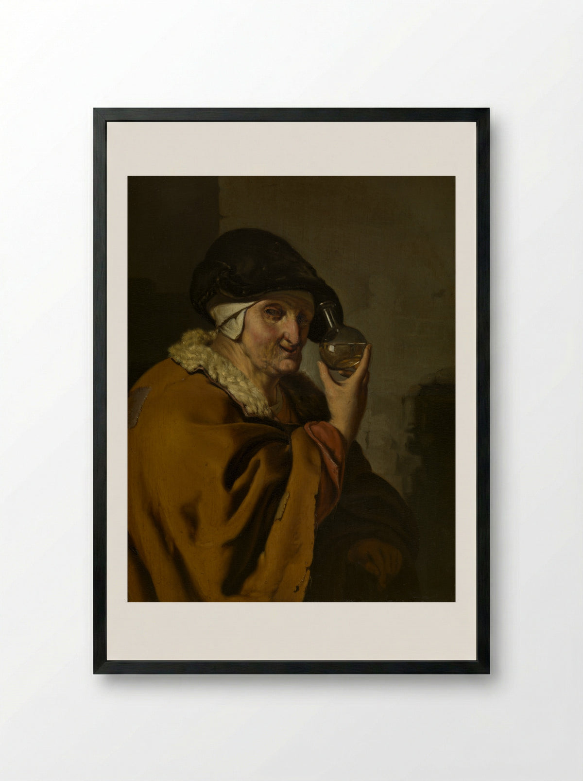An Old Woman Examining a Flask - Ary de Vois - Framed Print Black