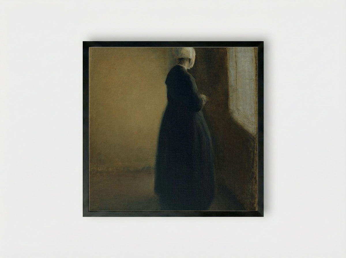 An Old Woman Standing by a Window - Vilhelm Hammershøi - Framed Print Black