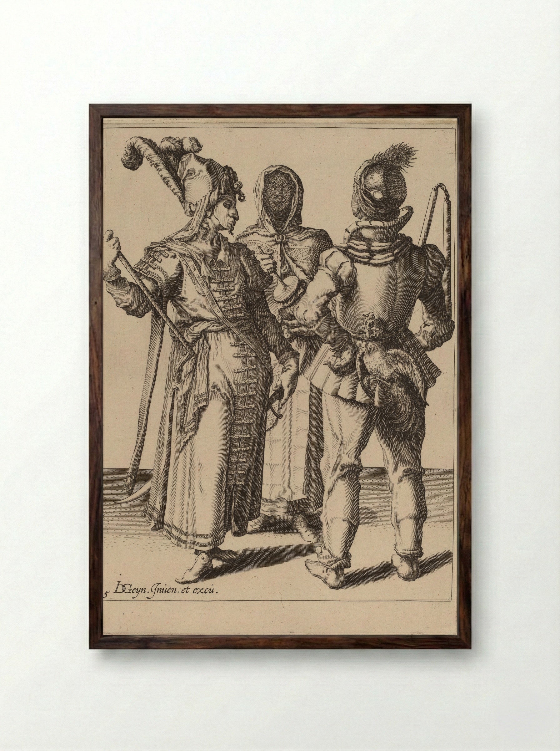 An Oriental Grandee, a Peasant with a Cock attached to his Belt and a Veiled Woman Playing the Rumbling-Pot - Zacharias Dolendo - Framed Print Dark Wood
