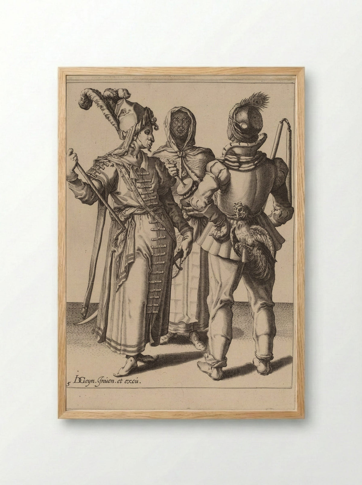 An Oriental Grandee, a Peasant with a Cock attached to his Belt and a Veiled Woman Playing the Rumbling-Pot - Zacharias Dolendo - Framed Print Wood