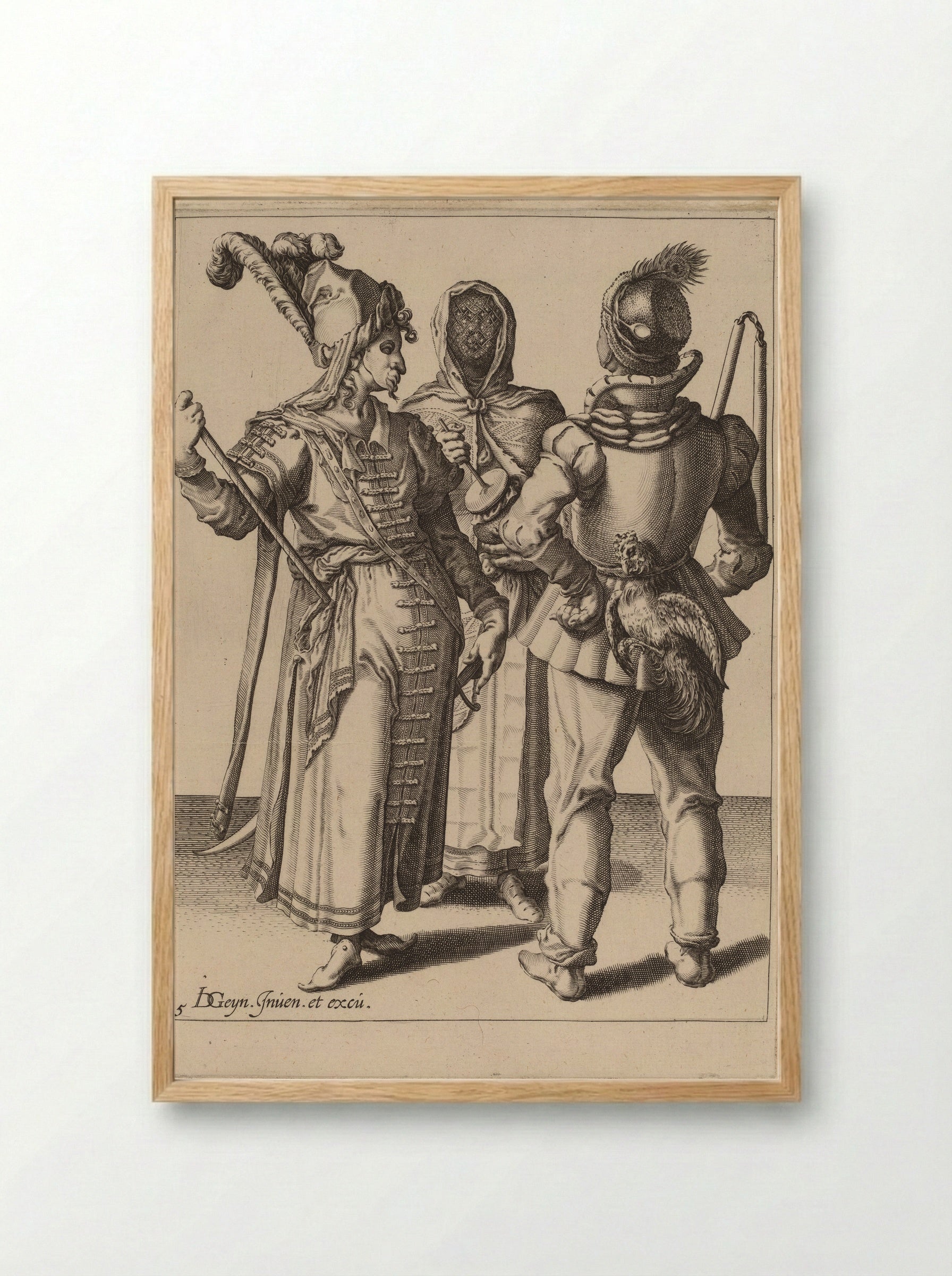 An Oriental Grandee, a Peasant with a Cock attached to his Belt and a Veiled Woman Playing the Rumbling-Pot - Zacharias Dolendo - Framed Print Wood