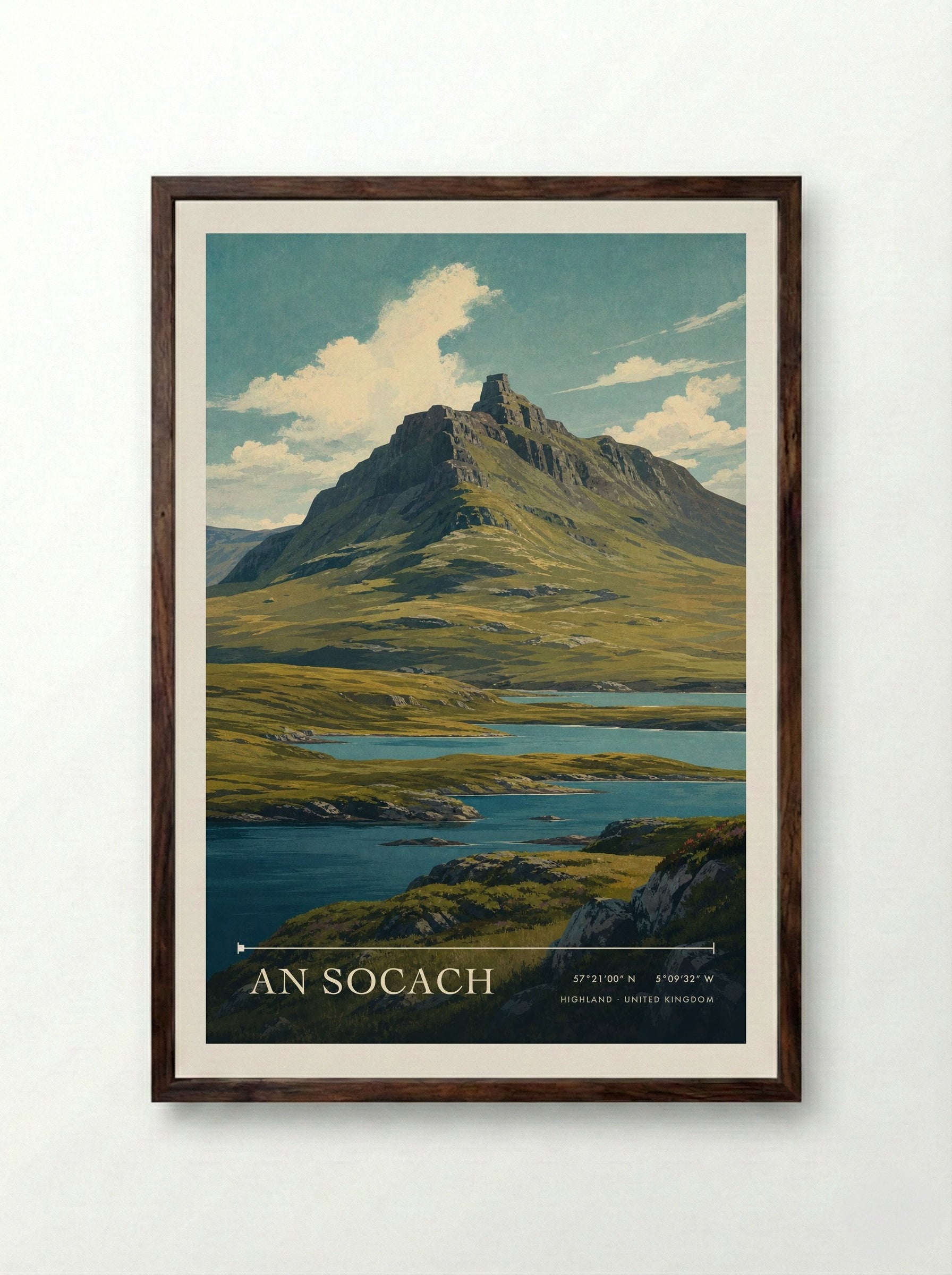 An Socach Highland United Kingdom Travel Poster - Framed Print Dark Wood