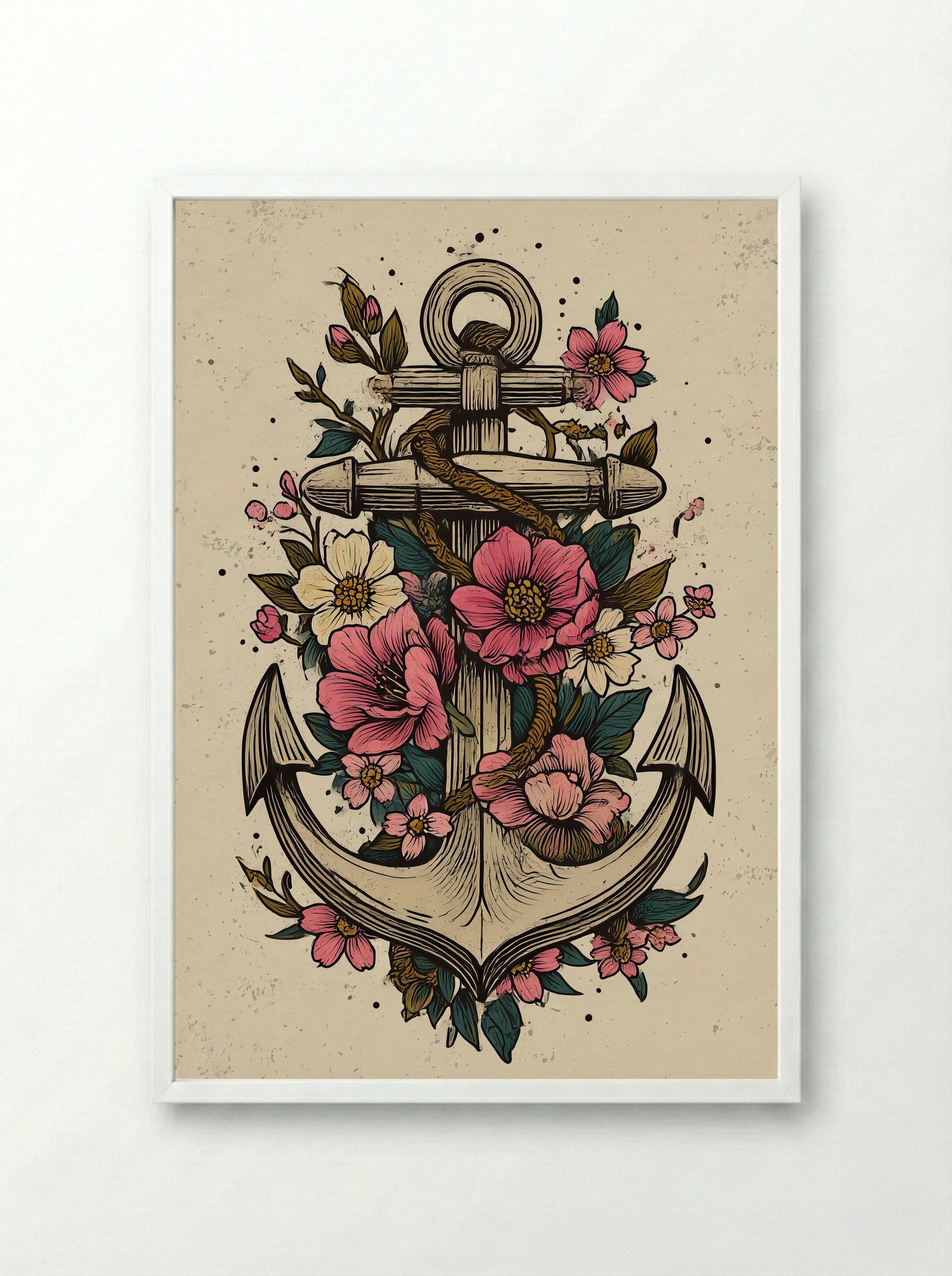 Anchor Wrapped in Vines & Flowers - Neo Traditional Art Print - Framed Print White