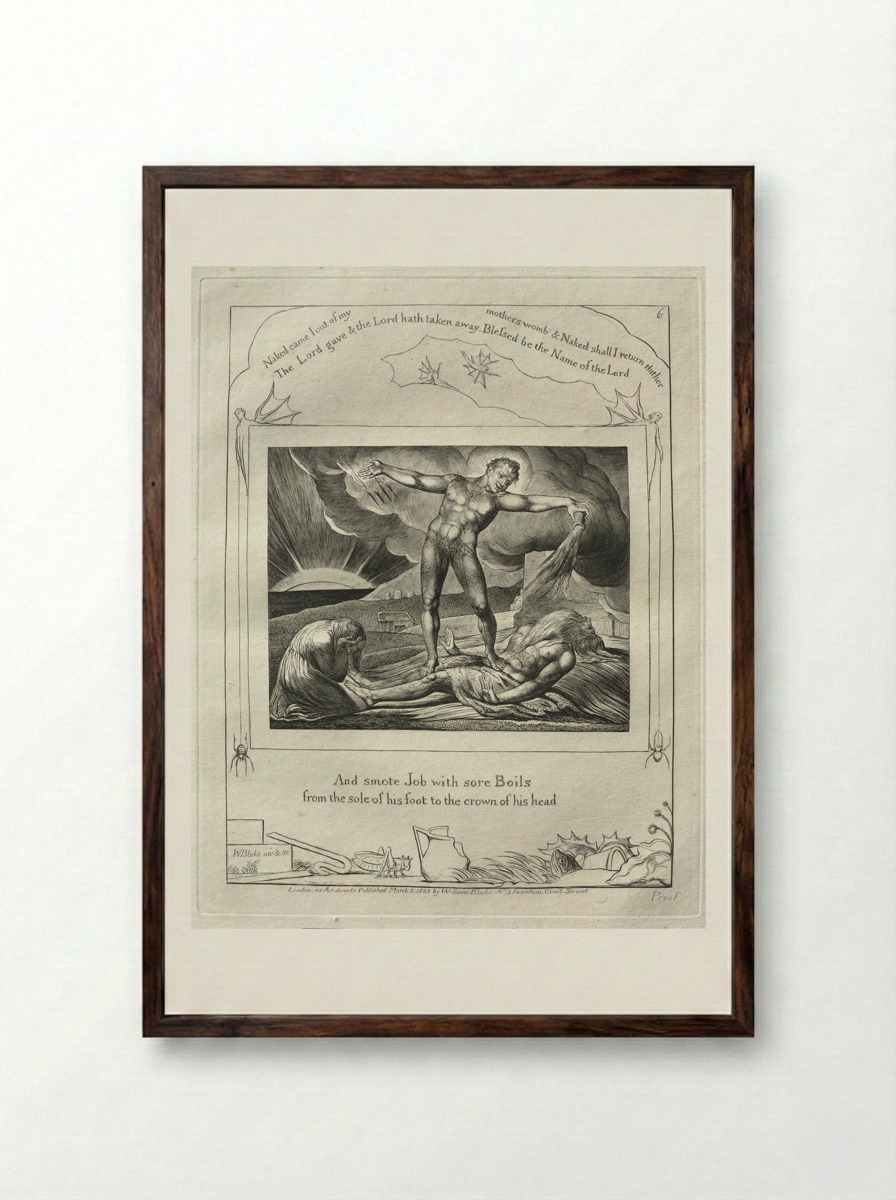 And Smote Job with Sore Boils from the Sole of His Foot to the Crown of His Head - William Blake - Framed Print Dark Wood