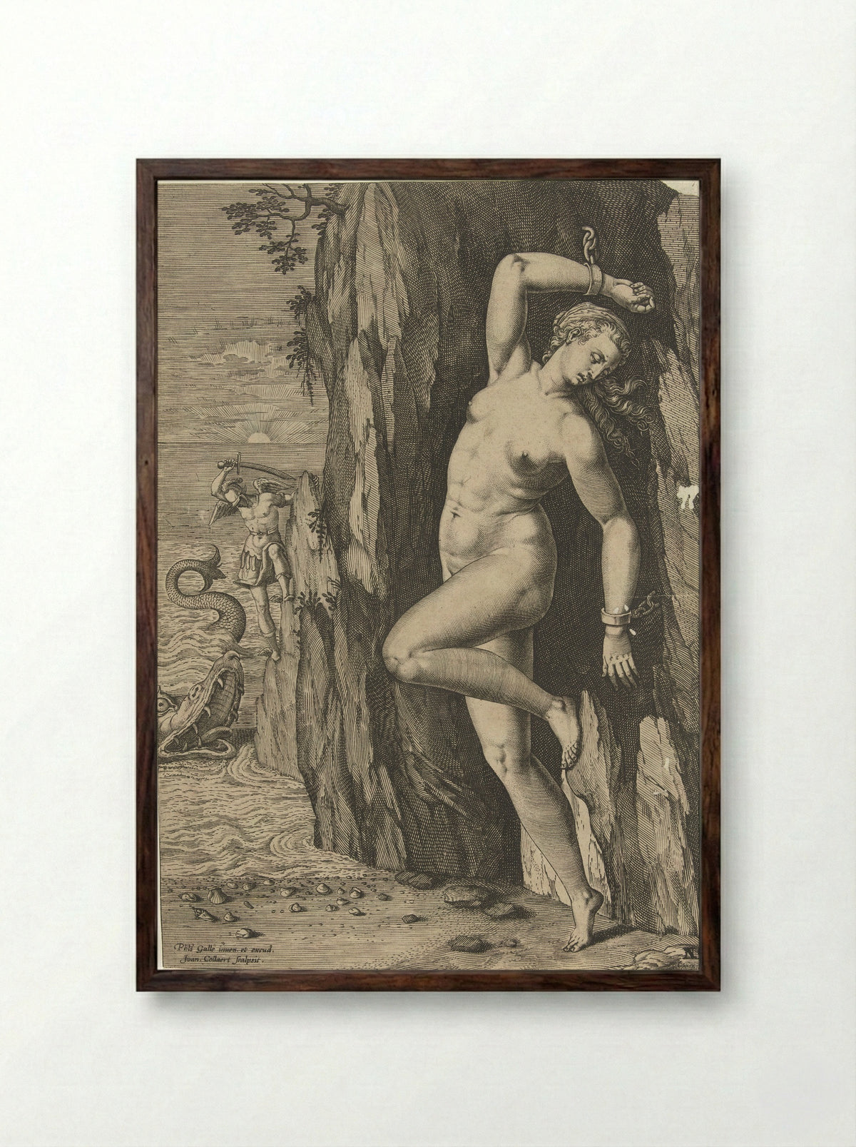 Andromeda Chained to the Rock - Jan Collaert II - Framed Print Dark Wood