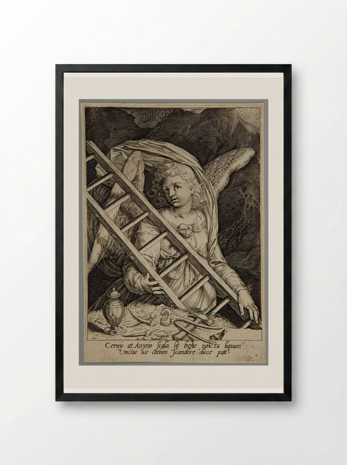 Angel with the ladder, the hammers, nails and gallipot - Aegidius Sadeler II - Framed Print Black
