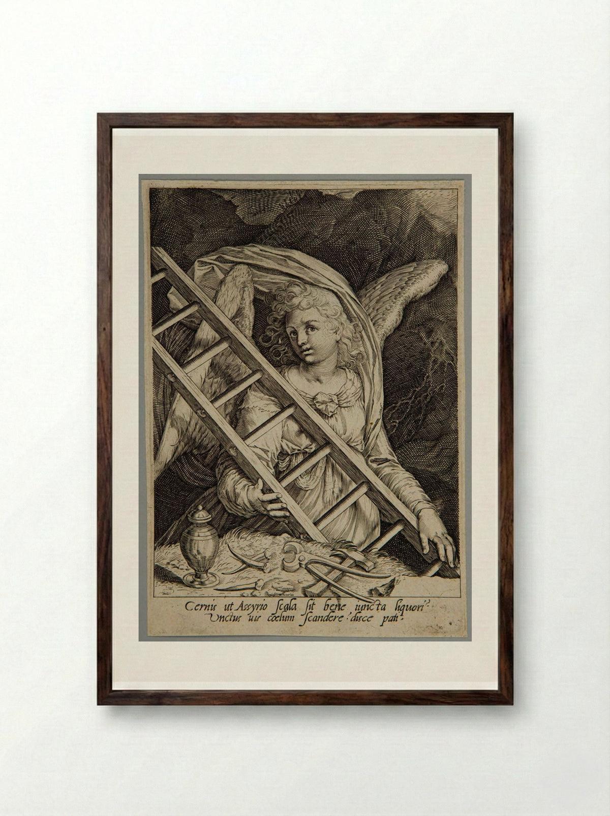 Angel with the ladder, the hammers, nails and gallipot - Aegidius Sadeler II - Framed Print Dark Wood