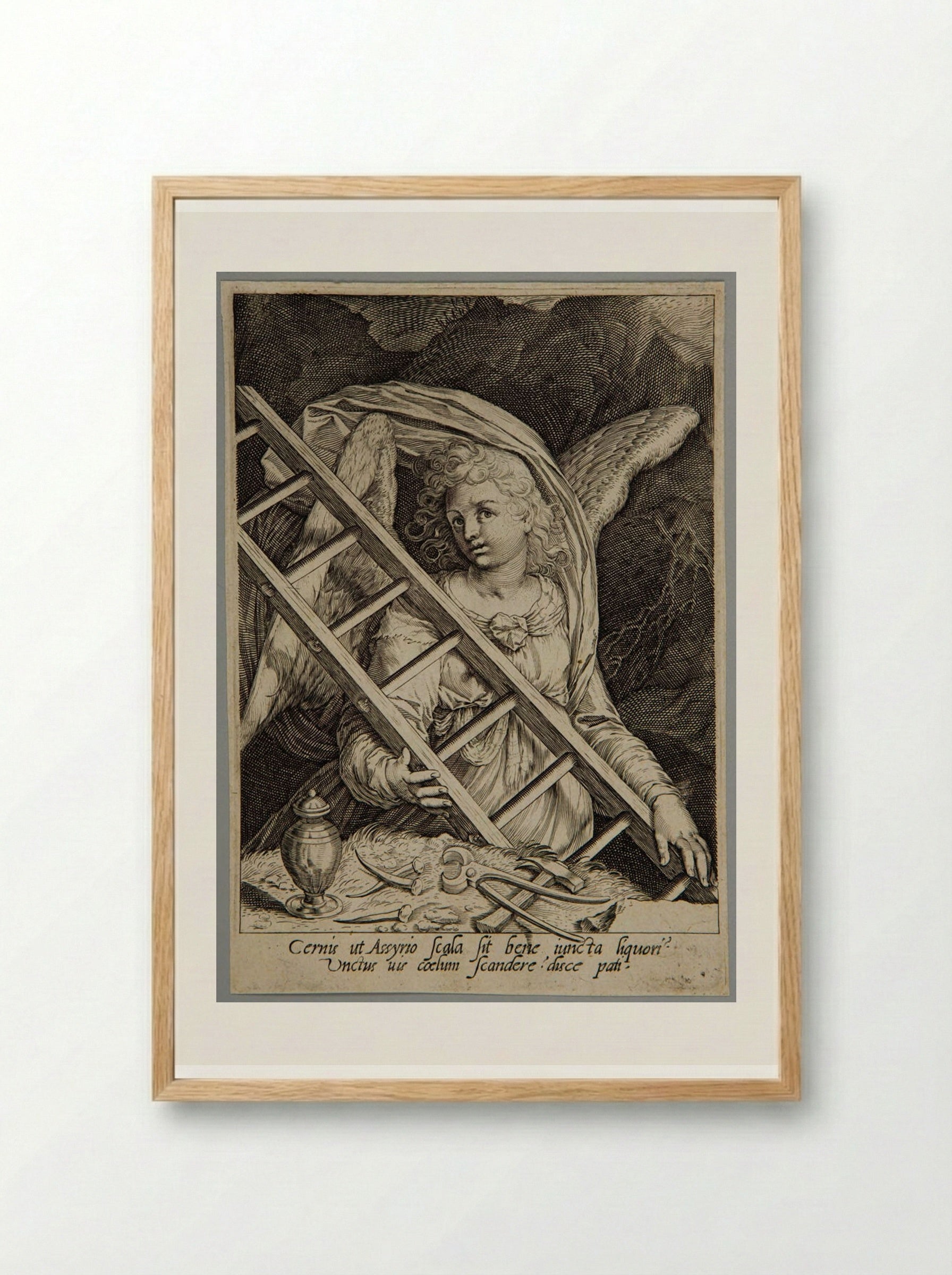 Angel with the ladder, the hammers, nails and gallipot - Aegidius Sadeler II - Framed Print Wood