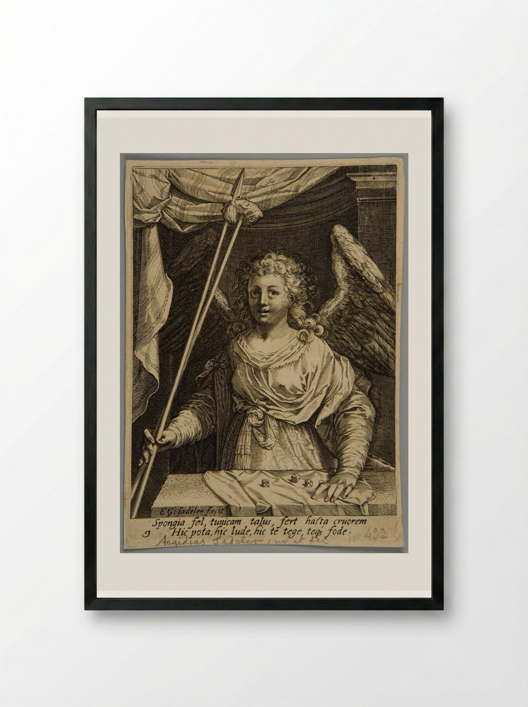 Angel with the lance and sponge in her right hand, dices before her - Aegidius Sadeler II - Framed Print Black