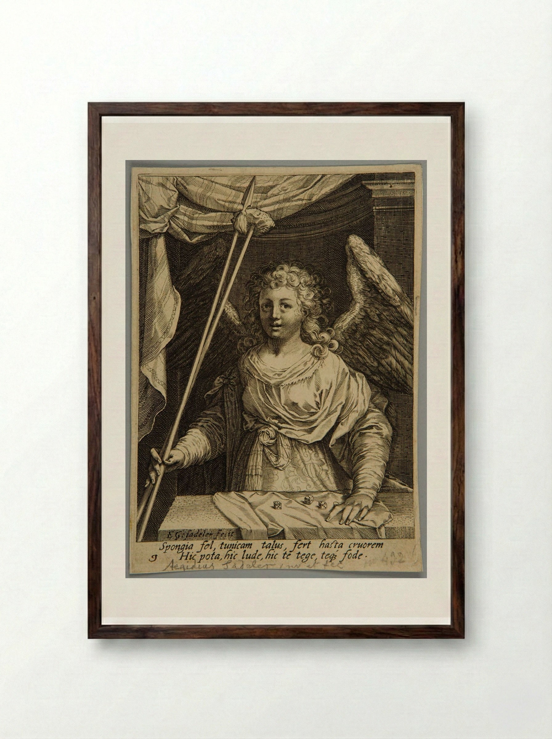 Angel with the lance and sponge in her right hand, dices before her - Aegidius Sadeler II - Framed Print Dark Wood