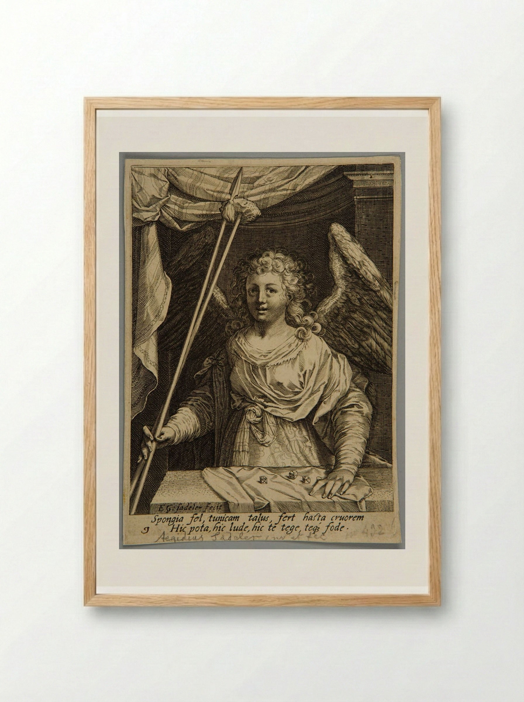 Angel with the lance and sponge in her right hand, dices before her - Aegidius Sadeler II - Framed Print Wood