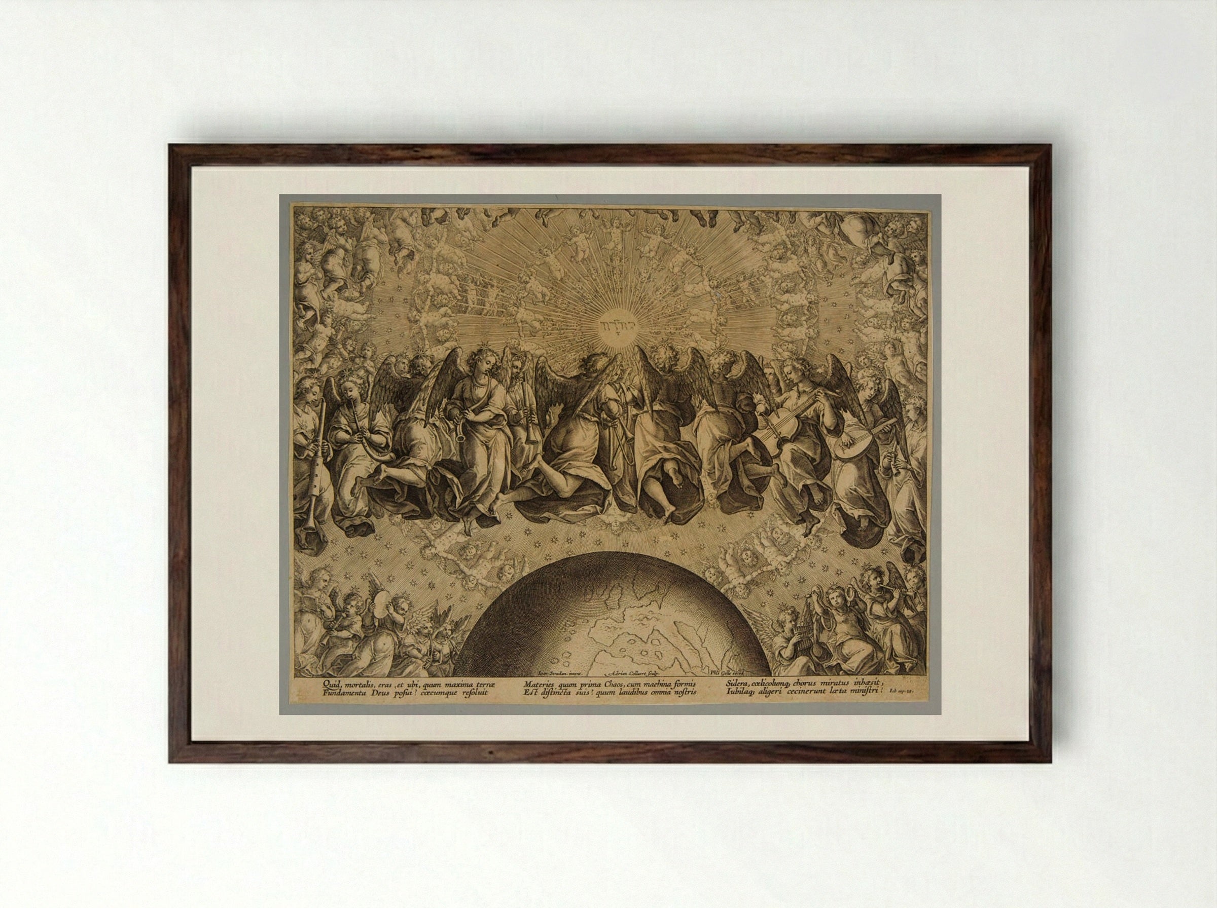 Angels Playing Musical Instruments and Cherubs Dancing - Adriaen Collaert - Framed Print Dark Wood