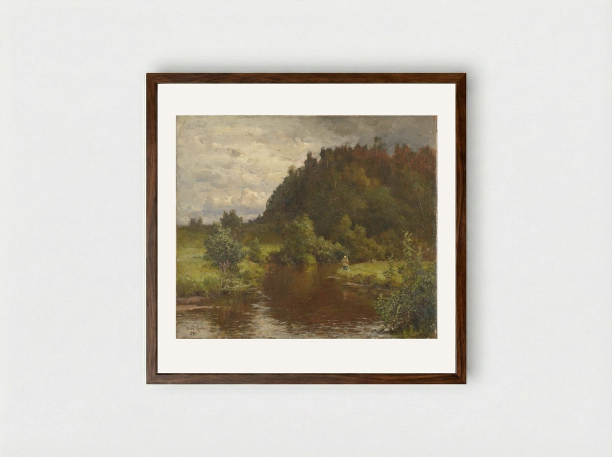 Angler by a River - Julius Sergius von Klever - Framed Print Dark Wood