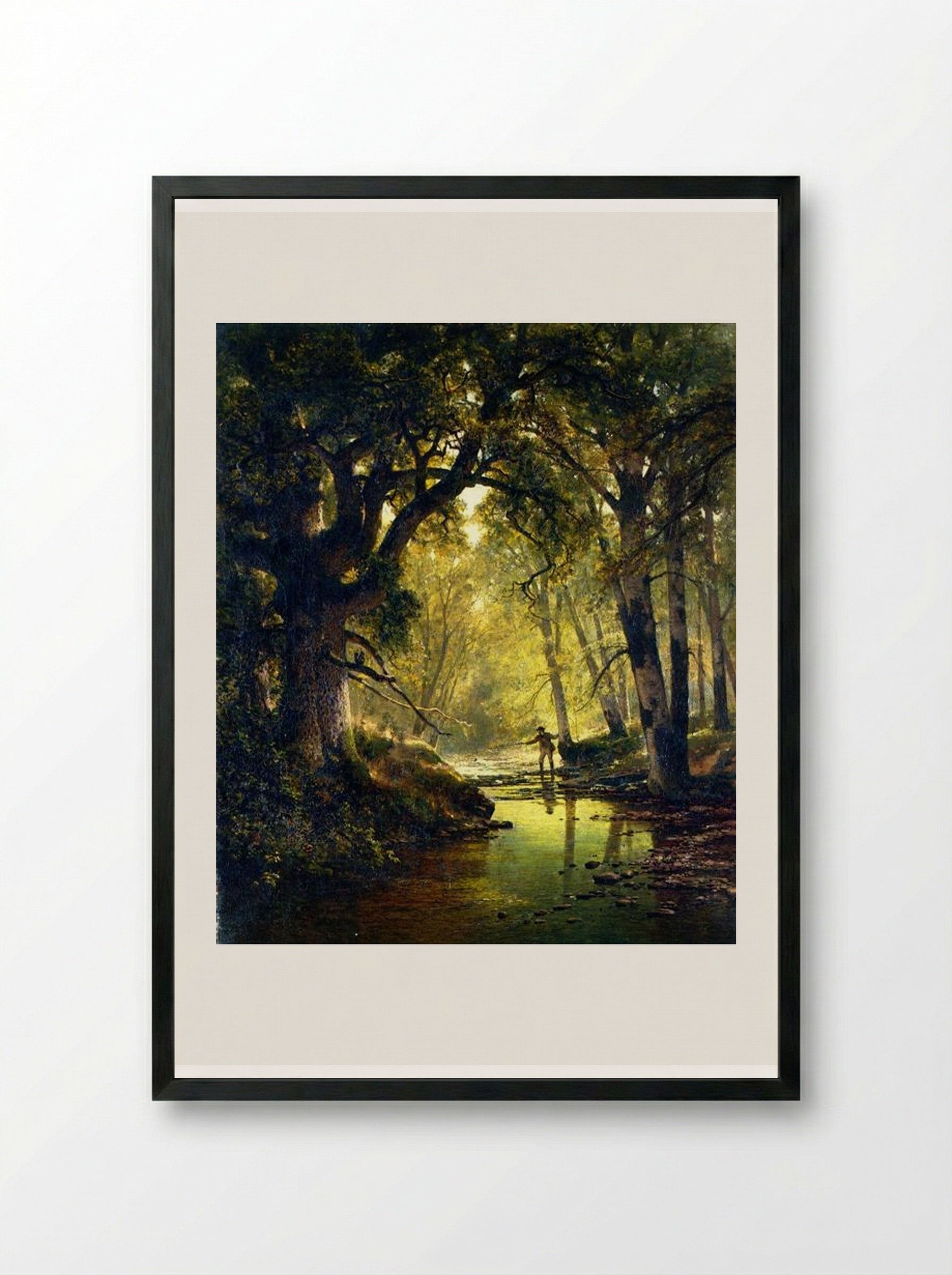 Angler in a Forest Interior - Thomas Hill - Framed Print Black