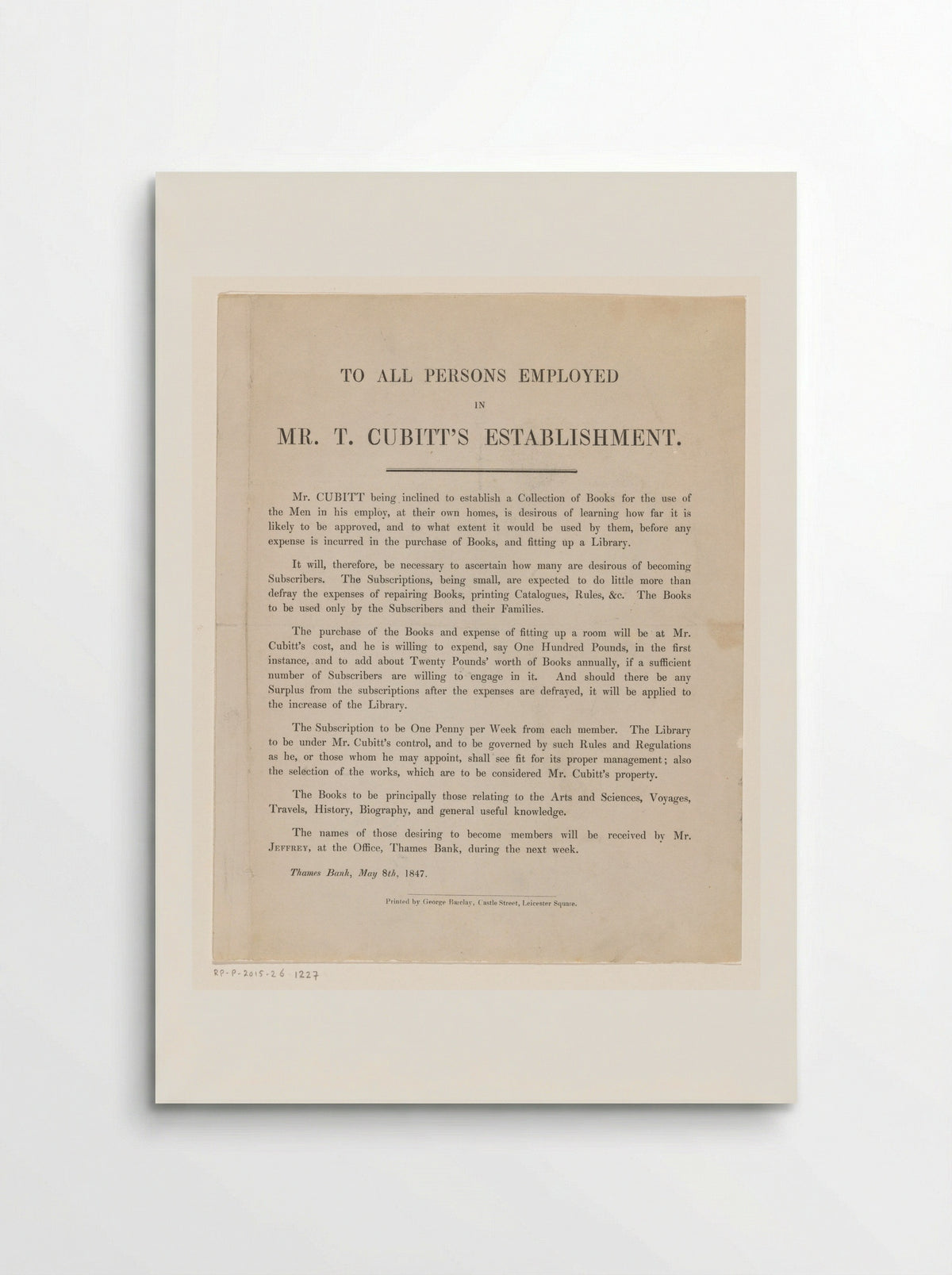 Announcement of the Establishment of a Lending Library by Thomas Cubitt - George Barclay - Poster