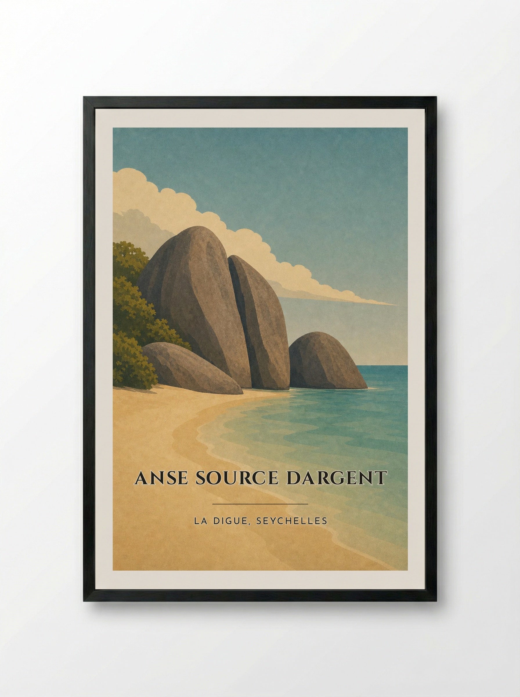 Anse Source dArgent Travel Poster Artwork - Framed Print Black