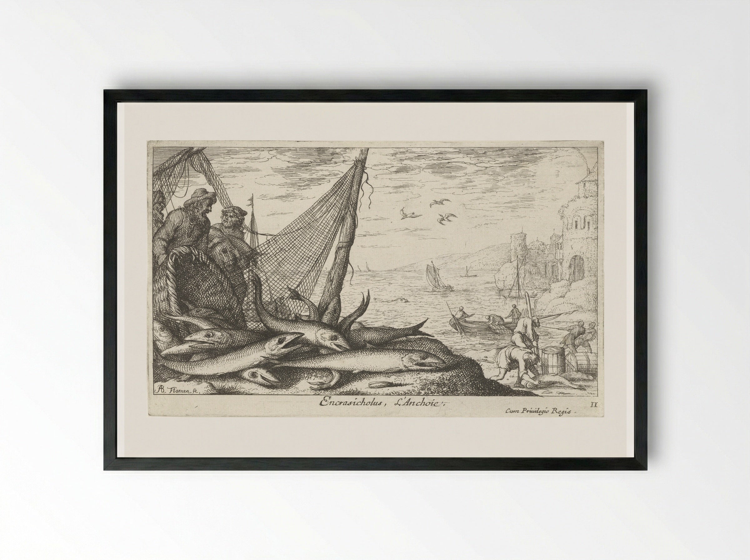 Ansjovissen bij een mand en visnet - Albert Flamen - Framed Print Black