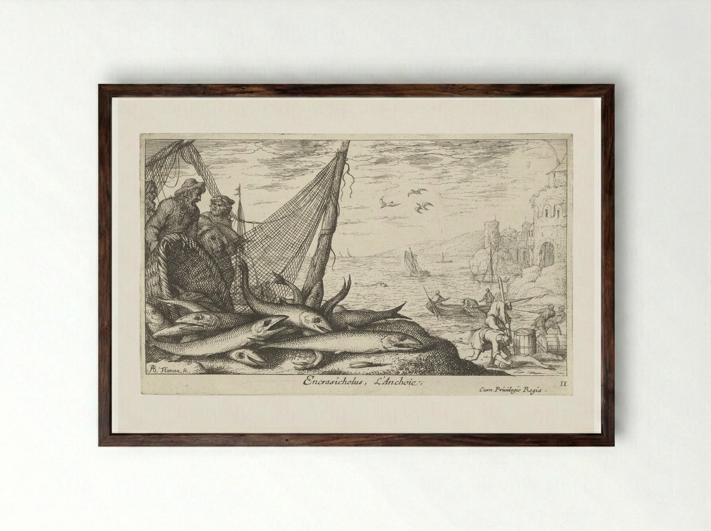 Ansjovissen bij een mand en visnet - Albert Flamen - Framed Print Dark Wood