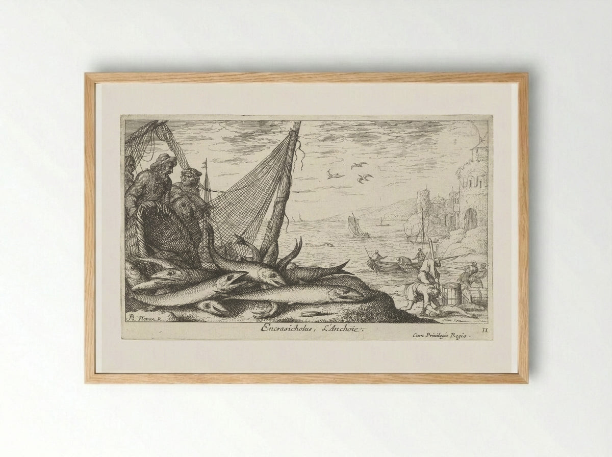Ansjovissen bij een mand en visnet - Albert Flamen - Framed Print Wood